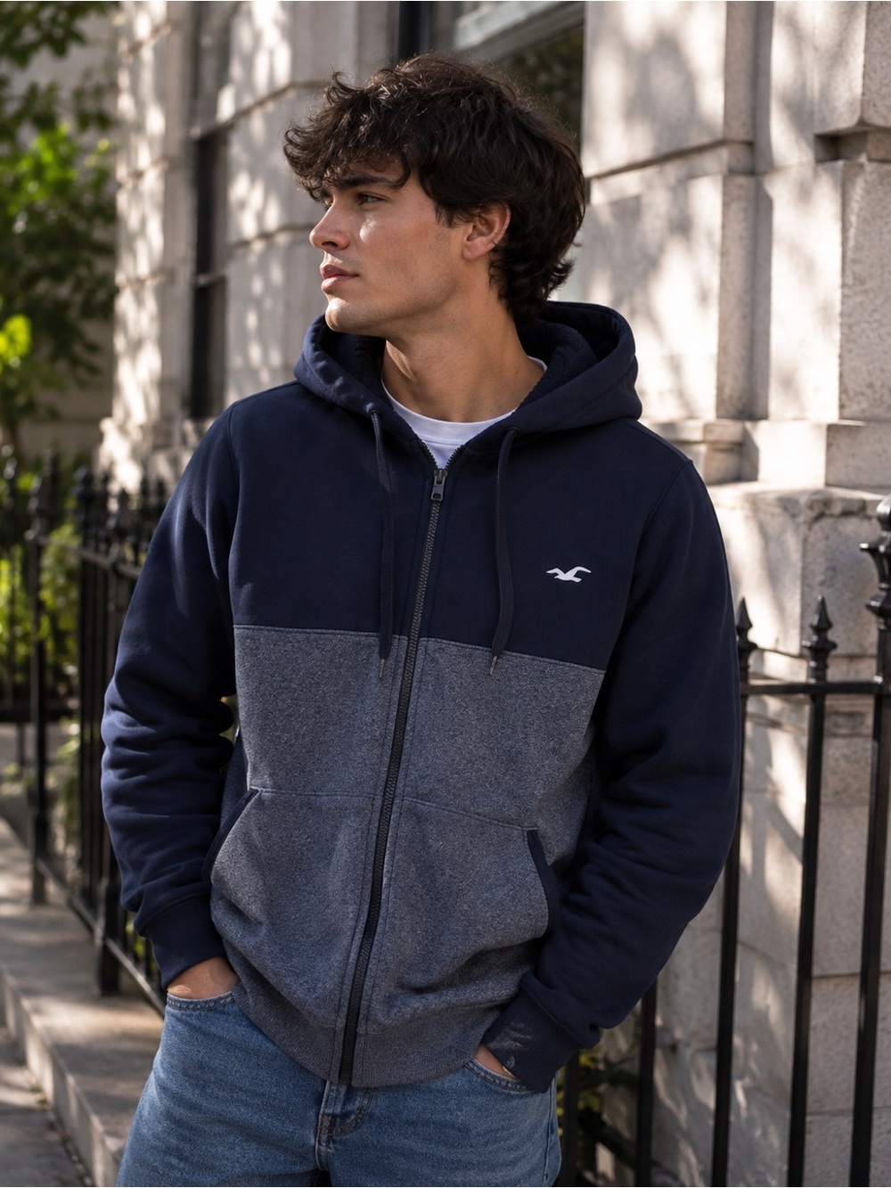 Hollister Navy & Heather Blue Two-Tone Zip Hoodie